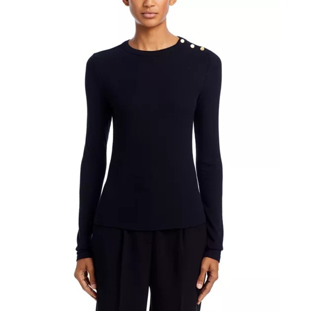FRAME Women's Striped Rib Gold Button Crewneck Tee Small Black - Picture 1 of 12